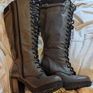 Women's Grey Wide Calf Lace-Up Boots